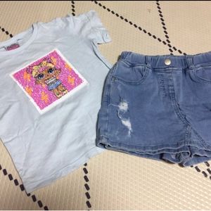 (가격내림) 8-9세 130 LOL스팽글 반전티셔츠+로엠걸즈 청치마바지/ (새상품)cheek 티셔츠2벌+청반바지, 초등여아, 등교복, 데일리, 주니어, 상하세트, 티셔츠3벌 반바지