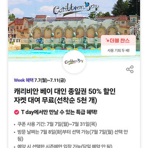 1000원)캐리비안베이 종일권 50% 할인권