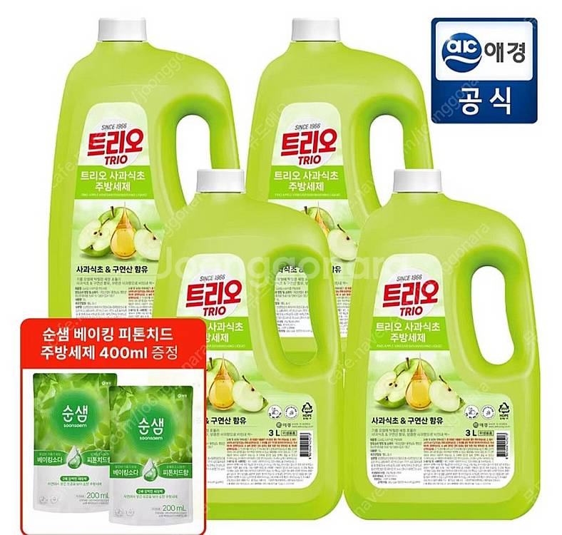 특가)트리오 사과식초 주방세제 퐁퐁 용기3Lx4통+20...--0