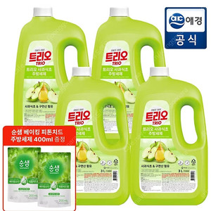 특가)트리오 사과식초 주방세제 퐁퐁 용기3Lx4통+200mlx2팩추가증정 무료배송14900원