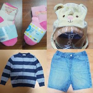 유아동 old navy 양말, 유니클로 데님 반바지, 털모자, 니트
