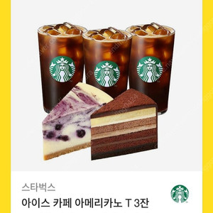 스타벅스 아이스 카페 아메리카노 T 3잔 + 진한 가나슈 9 레이어 케이크 + 블루베리 마블 치즈 케이크(~26.6.30) 28300->25000 판매