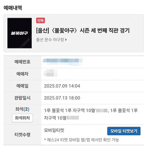 7/13(일) 불꽃야구 1루 불꽃석 자구역10열 2연석