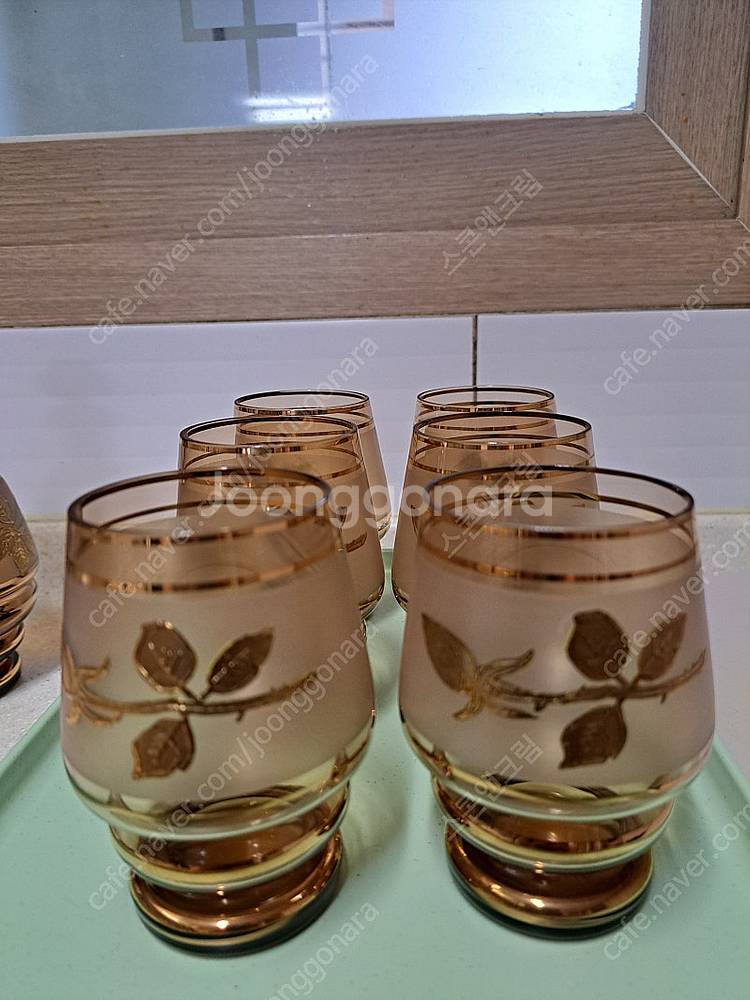 빈티지 체코 보헤미안 디켄터(카라파)와 컵 6개 세트--1