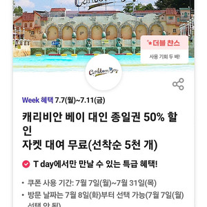 T DAY) 캐리비안 베이 대인 종일권 50% 할인 400원 (4장 있어요) 티데이 쿠폰