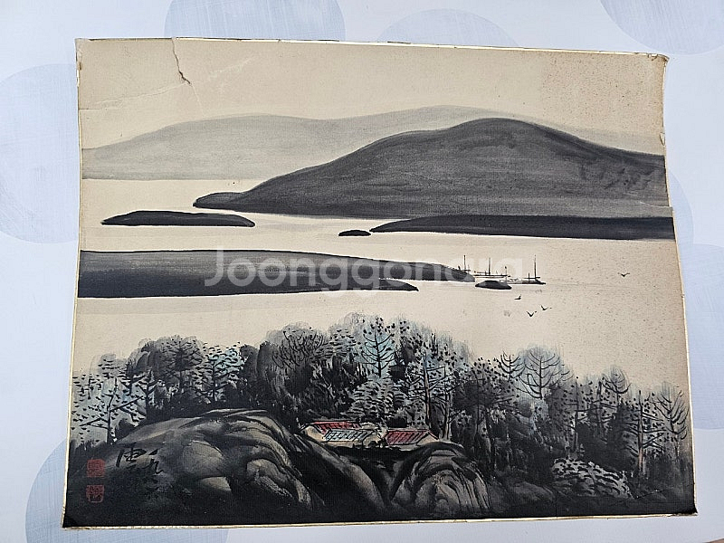오래된 동양화 운산 수묵산수화 두꺼운지판 그림 낙질 4...--0