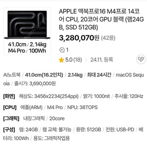 미개봉 / 맥북프로16 M4 Pro 14코어 CPU 20코어 GPU 블랙 MX2X3KH MX2X3KH/A 285만원