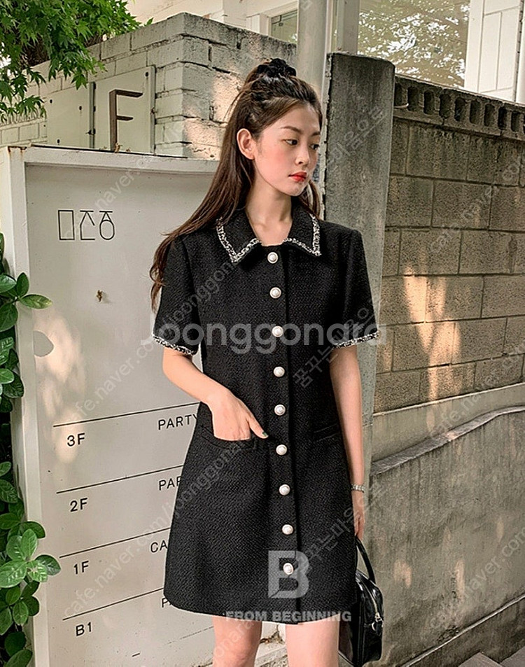 프롬비기닝 진주버튼 배색 트위드 원피스--1