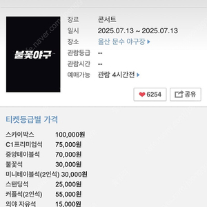 7/13 울산 불꽃야구 3루, 외야티켓 정가양도