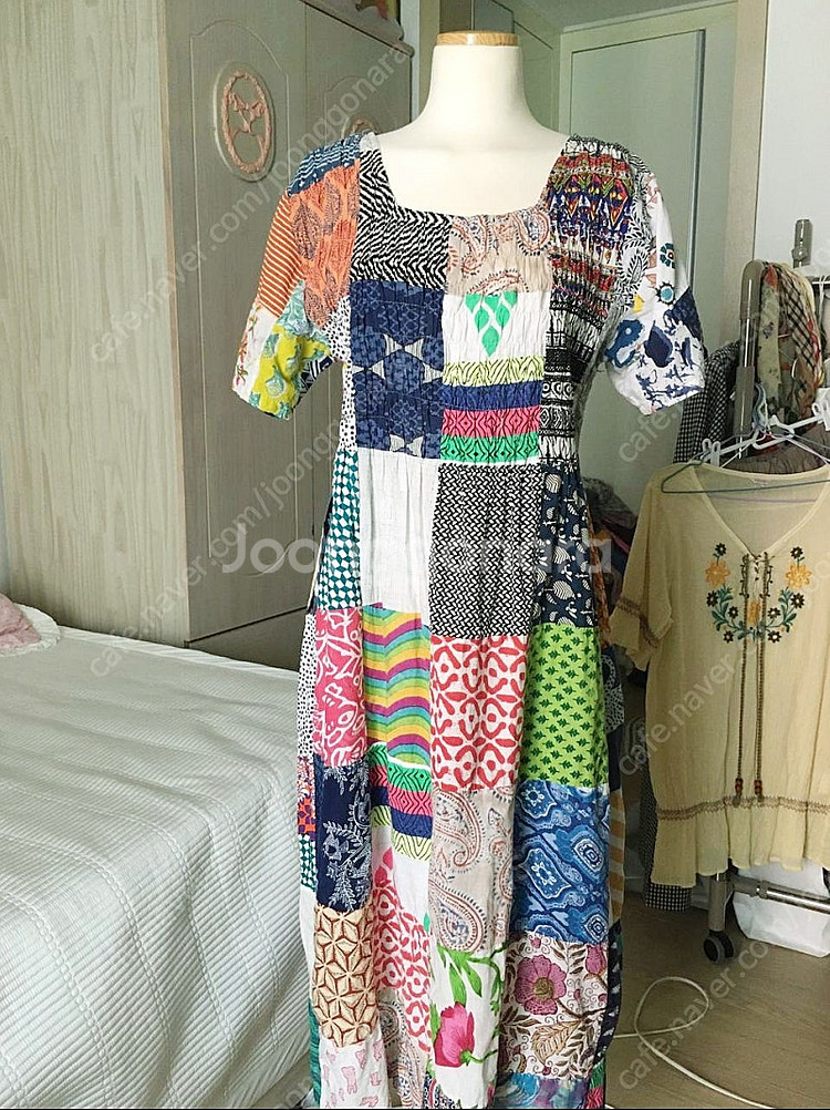 일본빈티지 패치워크 반팔 면100 롱원피스--0