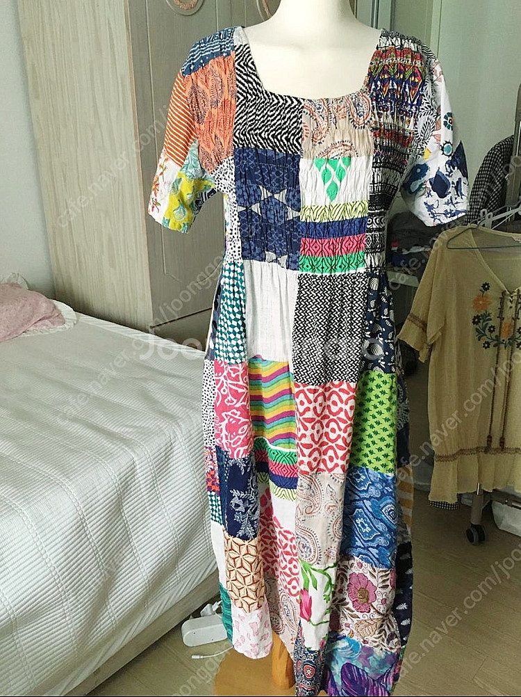 일본빈티지 패치워크 반팔 면100 롱원피스--3