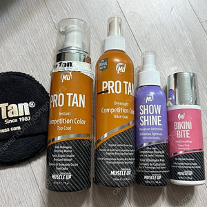 보디빌딩 대회용 프로탄 베이스코트,프로탄 탑코트, 비키니바이트, 머슬업 쇼샤인,스펀지 -5개 일괄