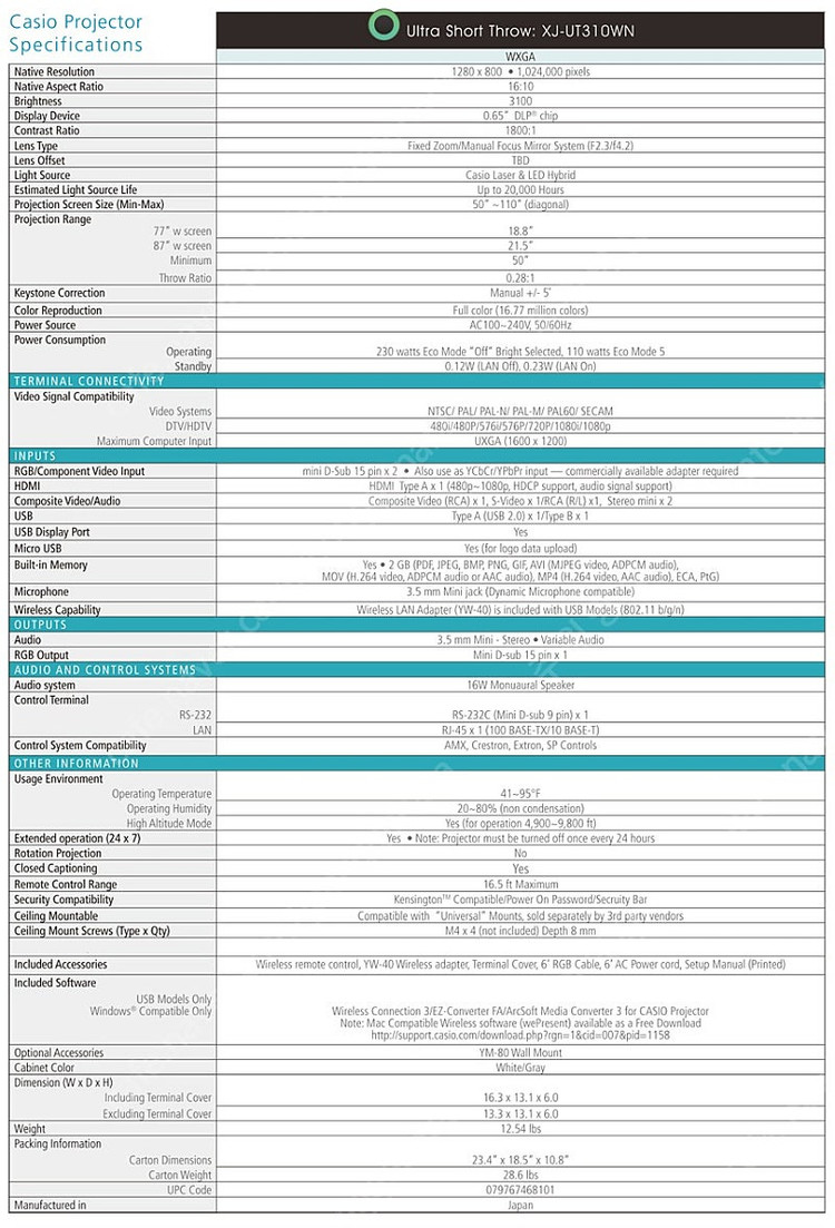[강의실,업소용 추천]ㅡ카시오 XJ-UT310WN *극단초점 레이저 중고빔프로젝터!!!--7