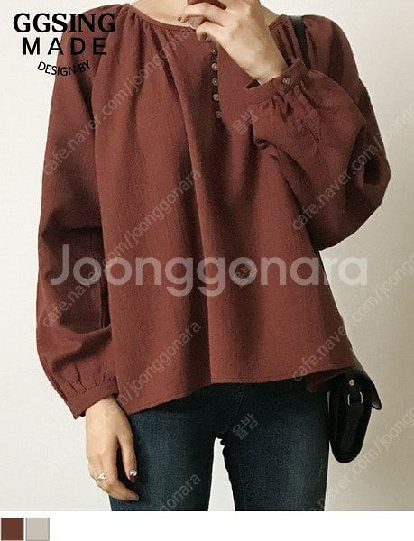 고고싱 라운드 코튼 블라우스 래글런 셔링 버튼 가을 브...--5