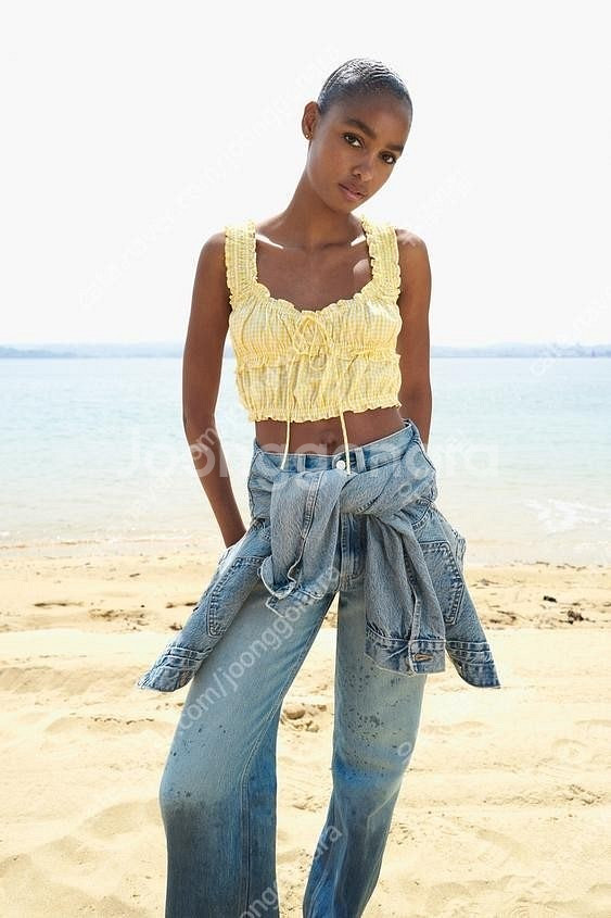 ZARA 자라 깅엄 체크 탑, 깅엄 체크 크롭 탑--0
