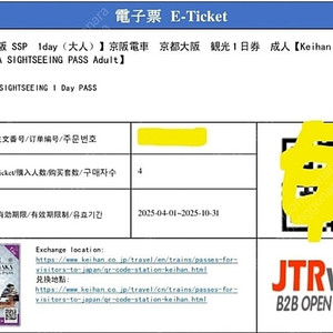 오사카 <-> 교토 게이한패스 1일권 (4인)