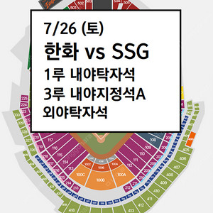7/26 한화 1루 내야탁자석, 외야탁자석, 3루내지A