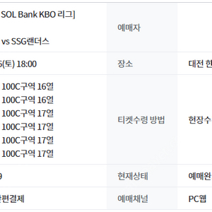 7월26일 한화vsSSG 중앙지정석 100C 통로 2,4연석