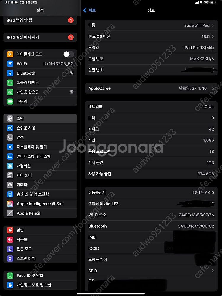 아이패드 프로 13 M4 실버 셀룰러 1테라 판매합니다--0