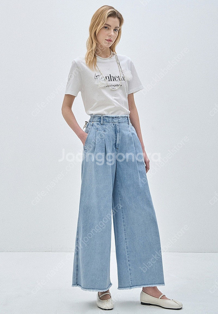 마인 프레이드 와이드 데님 팬츠 & 리본 펄 참 장식--1