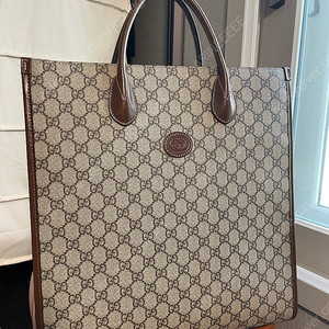 Gucci 구찌 베이지 GG 수프림 캔버스 브라운 가죽 미디엄 인터로킹 G 토트