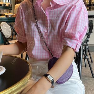 스타일아마 볼륨 깅엄체크 블라우스 핑크 Free