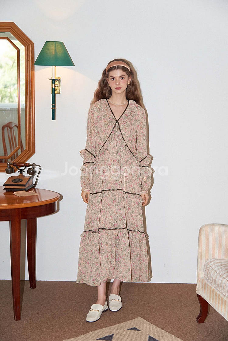 살롱드욘 레이스 포인트 쉬폰 롱 드레스 베이지 택 채 새상품--0