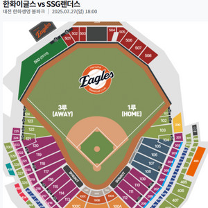 7/27(일) 6시 한화 vs SSG 1루 내야지정석B, 외야지정석, 3루 내야지정석A, B 연석 양도해요