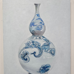 (원화) 6호 캔버스 유화그림 청화백자 운학문 호리병 서양화 작품