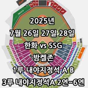 7월 25일 26일 27일 한화 vs SSG ️1루 내야지정석A ️3루 내야지정석A ️1루 내야지정석 B ️밤켈존
