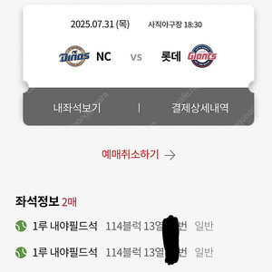7월31일 롯데vsNC 1루내야필드 2연석