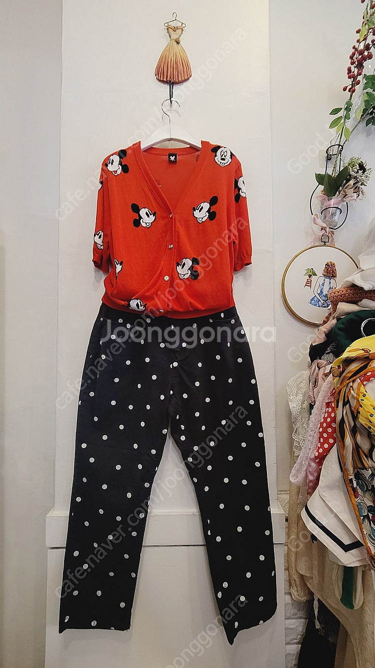 디즈니 미키 반팔 가디건.도트 스판 테이퍼드핏--0