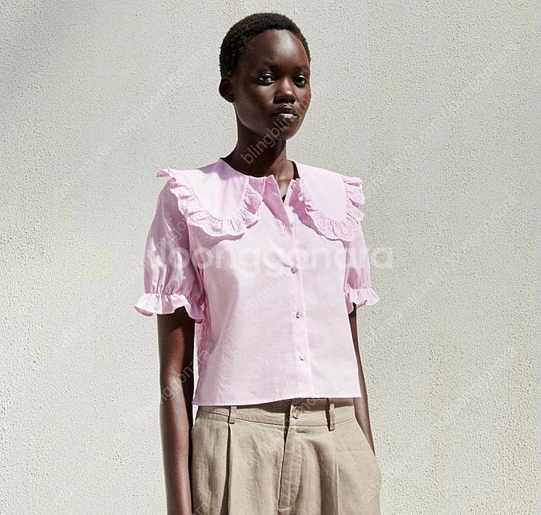 zara 자라 자수 핑크 블라우스 카라셔츠 L 새상품--6