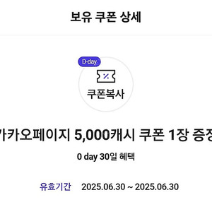 카카오페이지 5,000캐시 쿠폰 2장 6000원에 팝니다(25년7월31일까지 사용가능)
