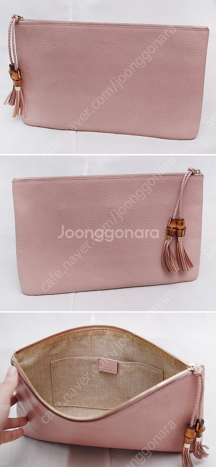 구찌 (GUCCI) 뱀부 테슬 페일핑크 토고가죽 클러치...--5