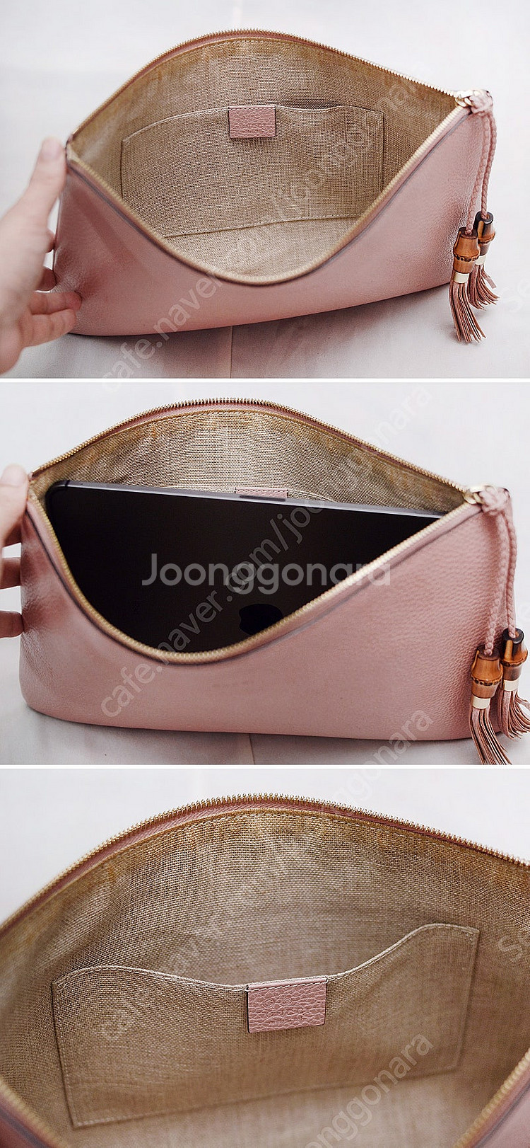 구찌 (GUCCI) 뱀부 테슬 페일핑크 토고가죽 클러치...--6