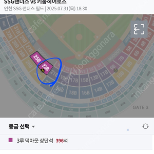 7/31(목) SSG VS 키움 3루 덕아웃 상단석 23블럭 2연석 (정가이하양도)