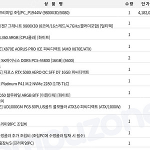 [컴퓨존 프리미엄 조립 PC-보증] 9800X3D, X870E aorus, 기가바이트 RTX 5080 AERO, 발키리 수냉 화이트 어항케이스 판매합니다.