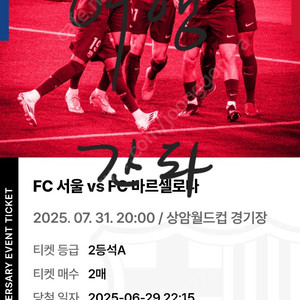 fc 서울 vs 바르셀로나 2등석 A티켓 2매 판매합니다~(7월 31일)