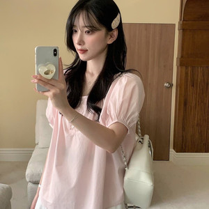 핑크 벌룬 퍼프 반팔 블라우스