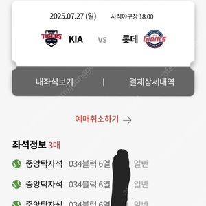 7월27일 롯데 기아 중앙탁자석 034블럭 6열 3연석