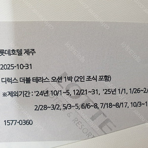 롯데호텔 제주 디럭스 더블 테라스 오션뷰 숙박권
