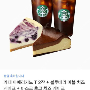 스타벅스 카페 아메리카노 T 2잔 + 블루베리 마블 치즈 케이크 + 바스크 초코 치즈 케이크 쿠폰