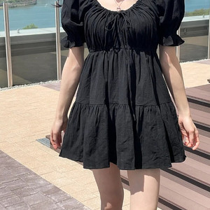 스퀘어넥 오프숄더 투웨이 어깨 퍼프 리본끈 키작녀 미니 밴딩 캉캉원피스
