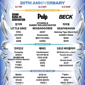 20주년 인천 펜타포트 락페스티벌 8/1(금)-8/3(일) 라인업 끝판왕 3일권 티켓 양도합니다.