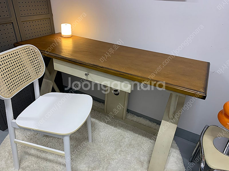 미라지가구 빈티지 원목 책상&라탄원목의자 세트--5