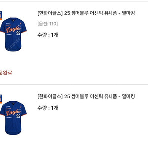 한화이글스 25 썸니폼 S or 2XL (문현빈)/ L (김서현)