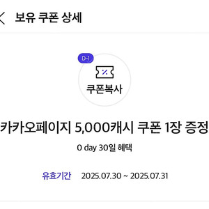 카카오페이지 5000캐시 2장