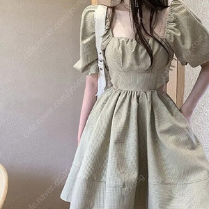 새상품/스퀘어 넥 퍼프 플레어 체크 허리 트임 미니 원피스