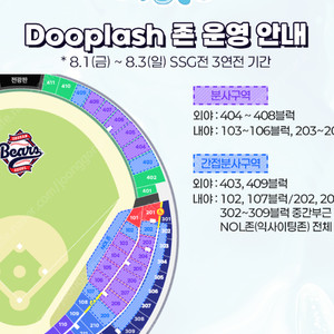 < 최저가 > 8월 2일(토) 두산 vs SSG 두플래쉬 Dooplash [ 1루 오렌지석 205블럭 통로근처 / 4연석 ]